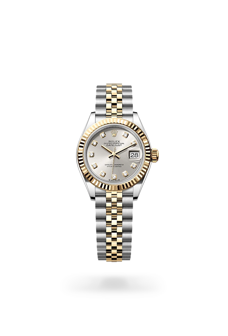 Rolex Lady-Datejust, Kratzfestes Saphirglas, Zykloplupe zur Vergrößerung des Datums, Jubilee, fünfreihig