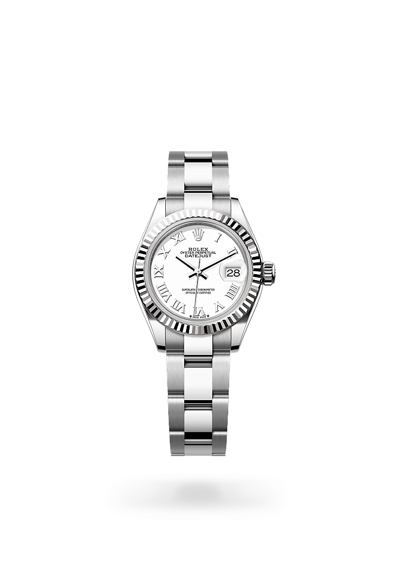 Rolex Lady-Datejust, Kratzfestes Saphirglas, Zykloplupe zur Vergrößerung des Datums, Oyster-Band (dreireihig), massive Elemente