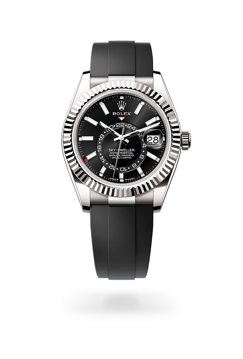 Rolex Sky-Dweller, Kratzfestes Saphirglas, Zykloplupe zur Vergrößerung des Datums, Oysterflex-Band