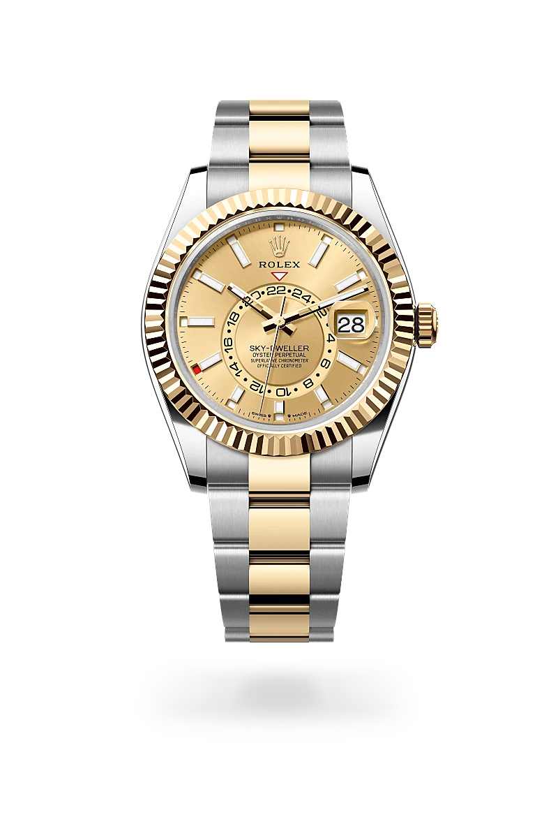 Rolex Sky-Dweller, Kratzfestes Saphirglas, Zykloplupe zur Vergrößerung des Datums, Oyster-Band (dreireihig), massive Elemente
