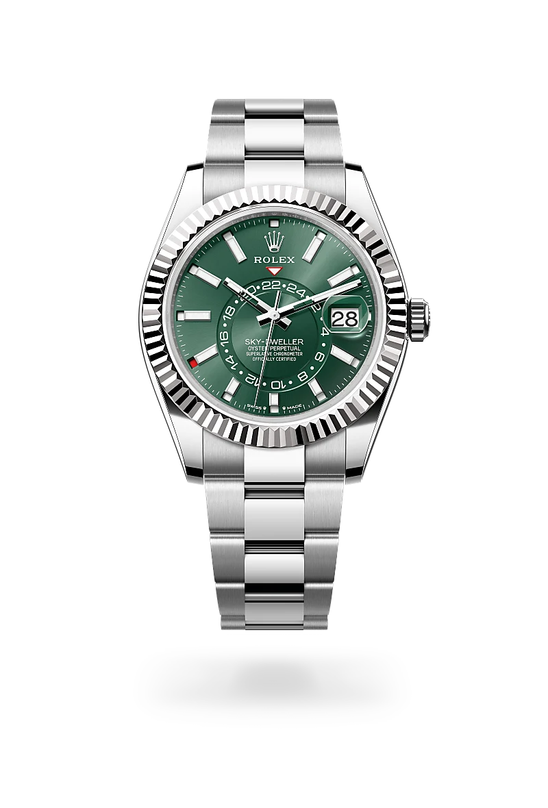 Rolex Sky-Dweller, Kratzfestes Saphirglas, Zykloplupe zur Vergrößerung des Datums, Oyster-Band (dreireihig), massive Elemente