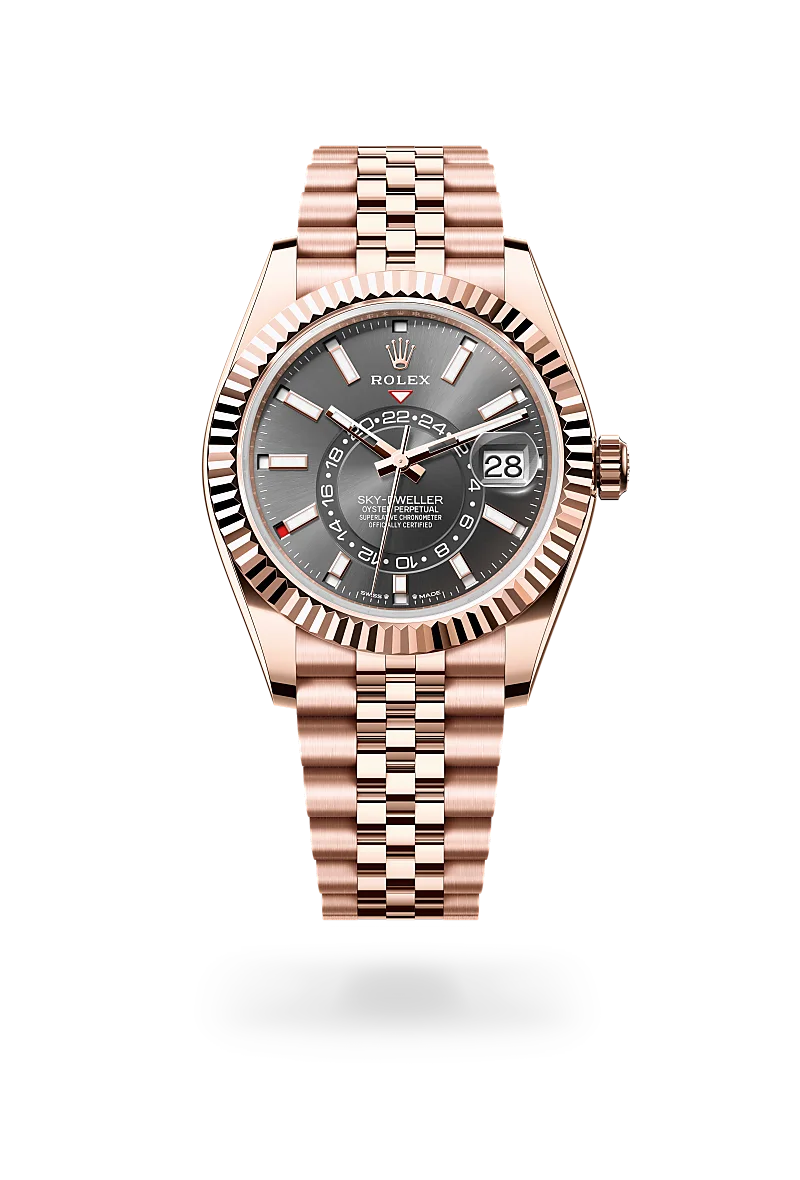 Rolex Sky-Dweller, Kratzfestes Saphirglas, Zykloplupe zur Vergrößerung des Datums, Jubilee, fünfreihig